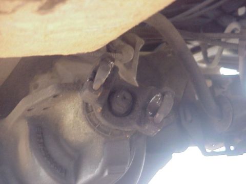 1989 Ford Bronco - Close-up of a vehicle's driveshaft universal joint and differential housing, viewed from below.