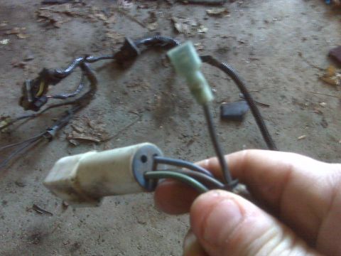 1995 Ford Bronco - A hand holds a dirty white two-wire bulb socket/connector with black and green leads, one lead capped by a green crimp terminal. The rest o…