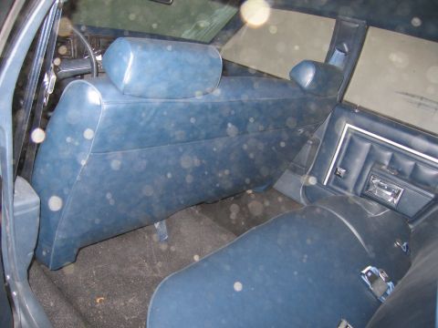 1991 Ford LTD Crown Victoria - Photo of the dust-covered blue cloth rear seat and door panel interior of an older sedan.