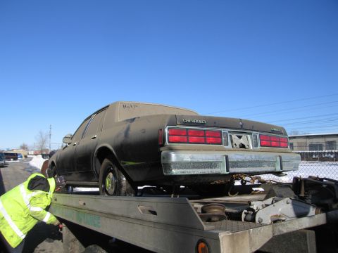1991 Ford LTD Crown Victoria - Photograph of the rear of a dirty Chevrolet Caprice strapped onto a flatbed tow truck bed.