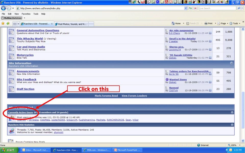 Forum index screenshot with red arrow pointing to Currently Active Users