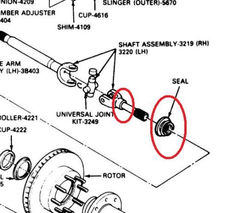 1990 Ford Bronco - Exploded parts breakdown of a front axle assembly with part numbers for shaft, universal joint kit, seal, hub and rotor.