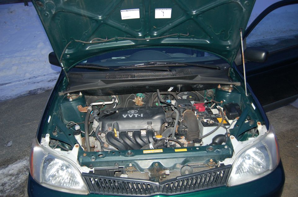 Green 2001 Toyota Echo engine bay with hood open, showing VVT-i engine, battery, and front grille