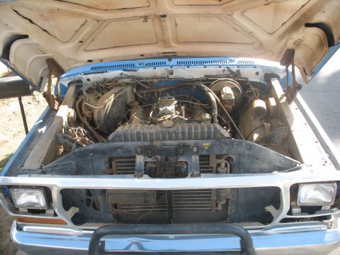 1987 Ford Bronco - The engine bay of a blue and white truck is visible with the hood open, showing the engine and radiator.
