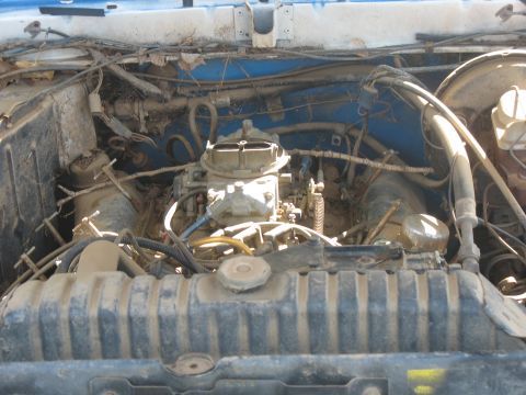 1987 Ford Bronco - Close-up view of a dirty engine bay, showing the carburetor and radiator.