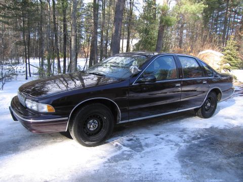 1991 Ford LTD Crown Victoria - A dark sedan with a police spotlight is parked on a snowy surface in a wooded area.