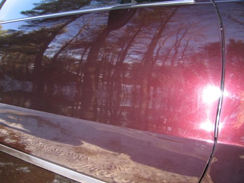 1991 Ford LTD Crown Victoria - The metallic paint on the car door reflects the surrounding trees and sky.