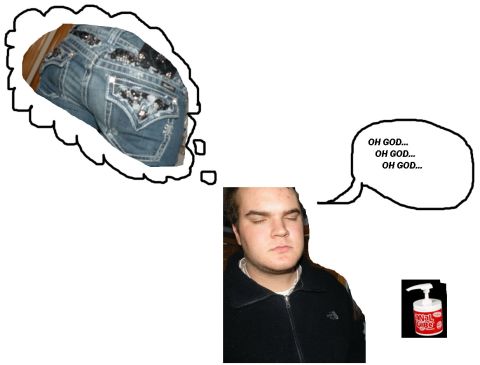 1900 Acura CL - A man appears to be having an intense thought about a pair of jeans, accompanied by a bottle of lubricant.