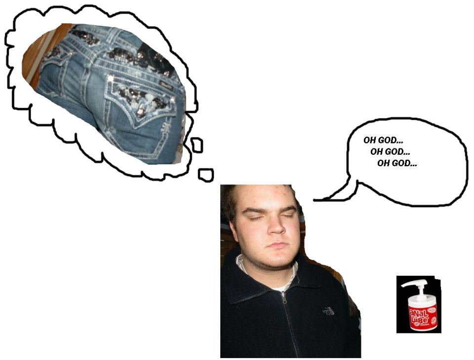Man with eyes closed, thinking about embellished jeans. Speech bubble says 'OH GOD... OH GOD... OH GOD...'. Bottle of lube and Supermotors.net logo visible