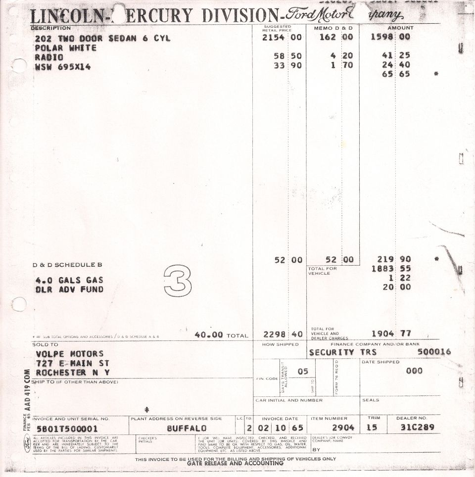 Ford Lincoln-Mercury factory invoice scan, Polar White 202 two-door sedan, Buffalo plant