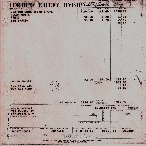1965 Lincoln-Mercury factory invoice, 202 two-door sedan, Volpe Motors Rochester NY