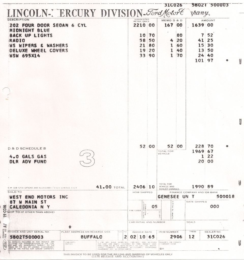 Ford factory invoice for Midnight Blue 202 four-door sedan, West End Motors, Caledonia NY