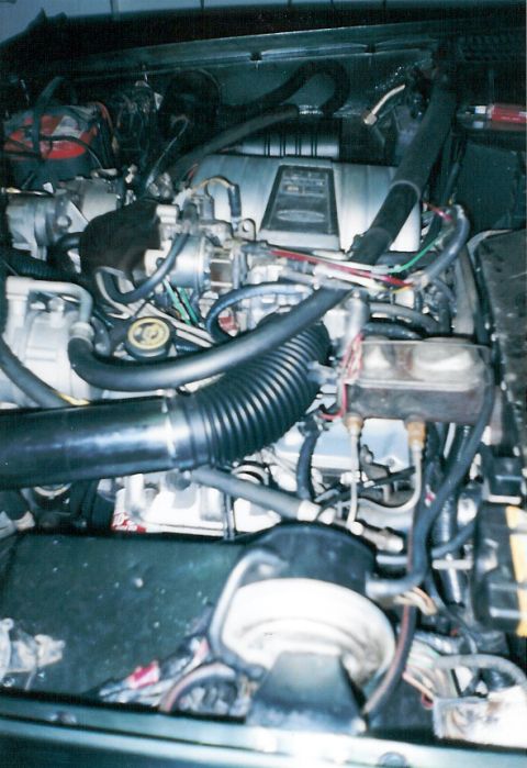 1975 Ford Bronco - Crown Vic intake with a fabricated intake tube. The original truck vacuum & wiring harnesses have been rearranged. The IAC had to be flippe…