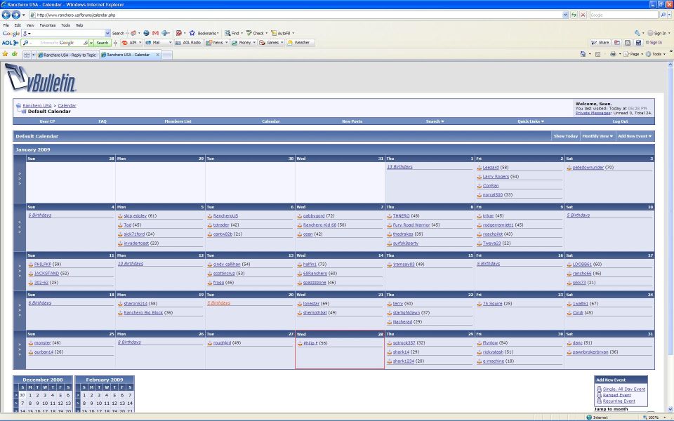 Computer screen showing a web calendar with entries for January 2009