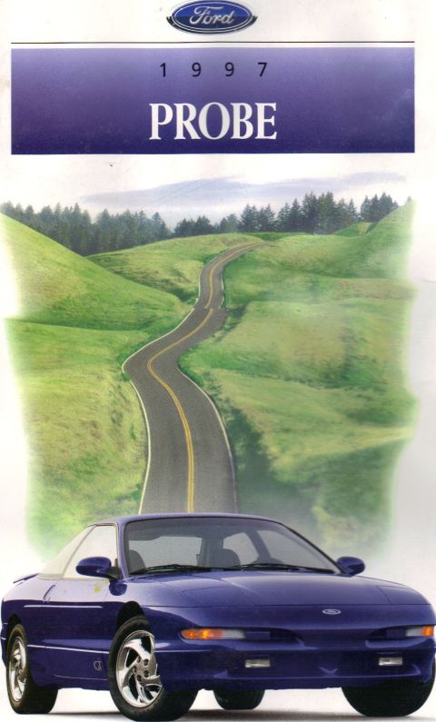 1993 Mazda MX-6 - A blue 1997 Ford Probe is shown in front of a scenic landscape with a winding road.