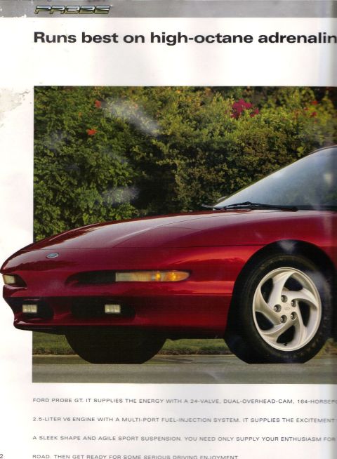 1993 Mazda MX-6 - Ford Probe GT advertisement highlighting its 24-valve, dual-overhead-cam, 164-horsepower, 2.5-liter V6 engine and sport suspension.