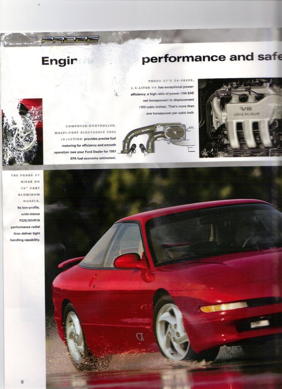 Red coupe driving through water. Text mentions "PROBE GT's 24-VALVE" and "EPA fuel economy estimates for 1997"