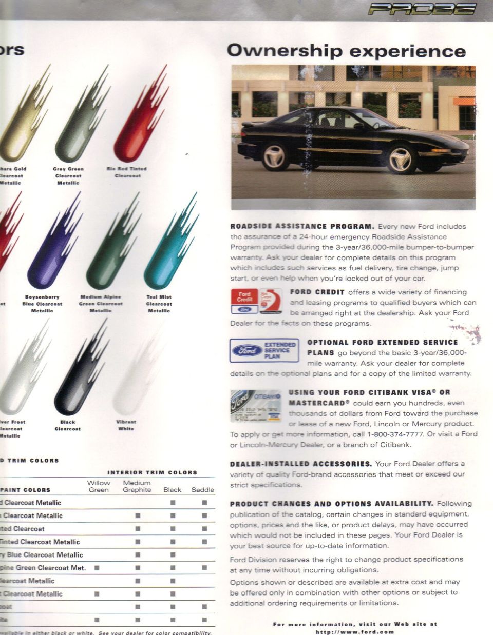 Ford Probe brochure paint color chips, interior trim chart and ownership programs