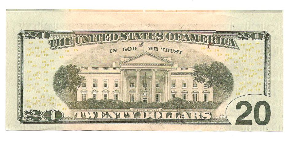 US twenty-dollar bill reverse showing the White House