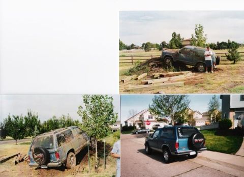 1996 Ford Bronco - This 1996 Ford Bronco is stuck on a dirt mound, with lumber scattered around it.