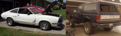 1978 Ford Mustang II - Two vehicles are parked in driveways, one a white coupe with its hood open, the other a dark SUV.