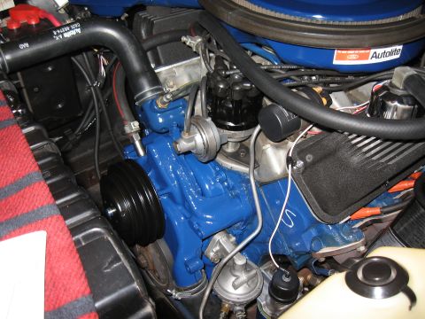 1968 Shelby GT500 - Engine bay detail with blue painted block, distributor, and various hoses and wires.
