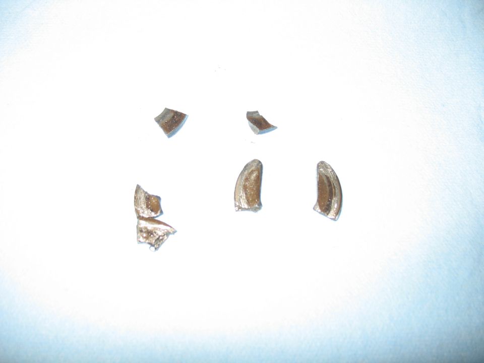 several small, broken metal fragments scattered on a white surface
