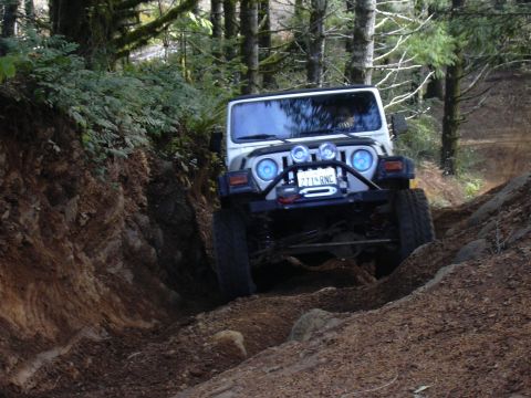 1991 Ford Bronco - A white Jeep Wrangler is driving down a steep, rutted dirt trail in a forest. The vehicle has large off-road tires and auxiliary lights mou…
