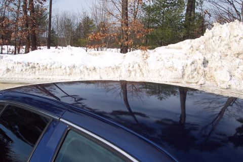 2001 Ford Crown Victoria - The reflective surface of a dark blue sedan's roof shows a winter scene with trees and a large snowbank.
