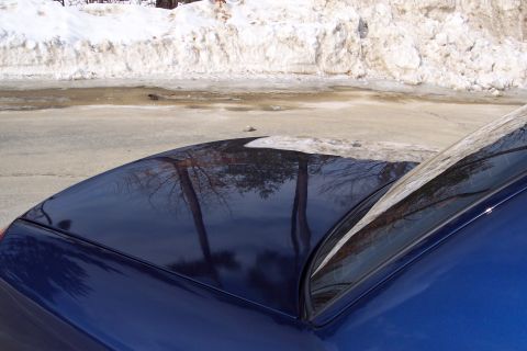 2001 Ford Crown Victoria - The glossy finish of a blue car's hood and roof reflects bare trees and a snowy roadside scene.