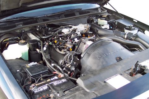 2001 Ford Crown Victoria - The engine bay of a Ford Crown Victoria displays its V8 engine and associated components under the hood.