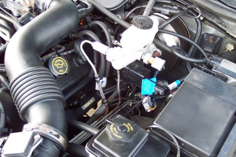 2001 Ford Crown Victoria - Close-up view of a vehicle's engine bay, showing the power steering fluid reservoir and brake master cylinder assembly.