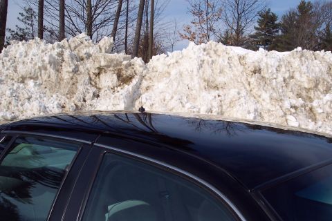 2001 Ford Crown Victoria - A black sedan's roof and side window are visible in front of a large, dirty snowbank.