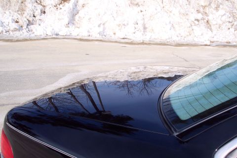 2001 Ford Crown Victoria - Rear view of a dark blue car with reflections of trees and snow on its trunk and rear window.