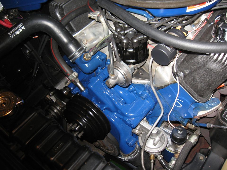 Engine bay with blue painted engine block, black hoses, and distributor cap