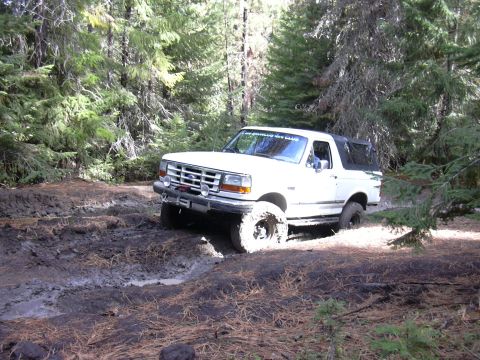 1991 Ford Bronco - A white Ford Bronco with a black top is navigating a muddy, wooded trail. The vehicle is angled to the right, with its front tires deep in…