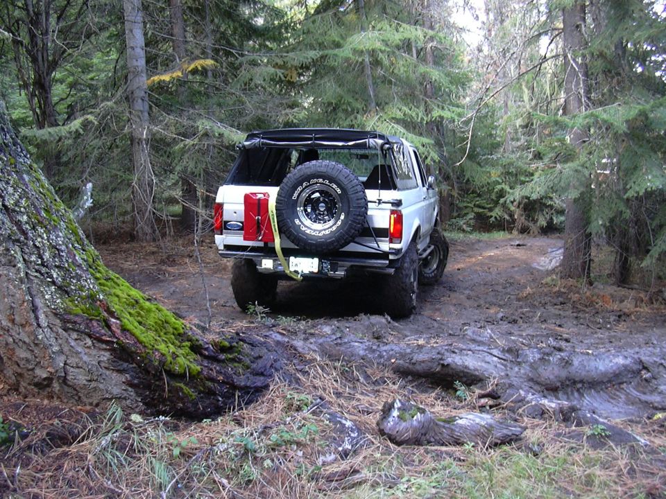 White 1991 Ford Bronco with spare tire and gas can on muddy forest trail.