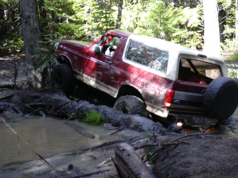 1991 Ford Bronco - A red and white Ford Bronco is stuck in a muddy ditch off-road, surrounded by trees. The vehicle is tilted at an angle, with its tires deep…