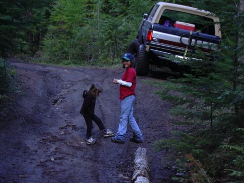 1991 Ford Bronco - A 1991 Ford Bronco is parked on a dirt trail in a forest with two children standing nearby.