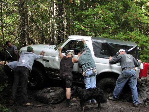 1991 Ford Bronco - A group of people are pushing a white Ford Bronco that is stuck in the mud in a wooded area. A black dog stands nearby, watching the effort.