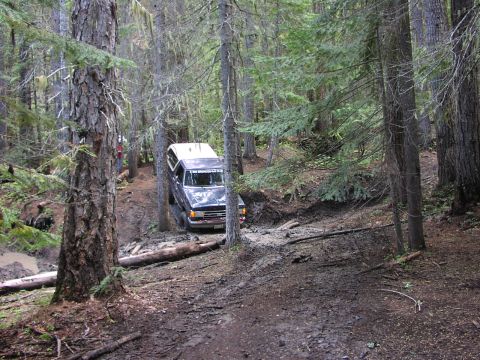1991 Ford Bronco - A dark SUV with a white roof cap is driving through a muddy, wooded area.