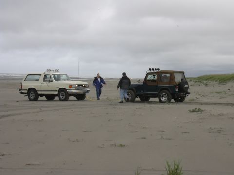 1991 Ford Bronco - Two vehicles, a 1991 Ford Bronco and a Jeep Wrangler, are on a sandy beach with two people.