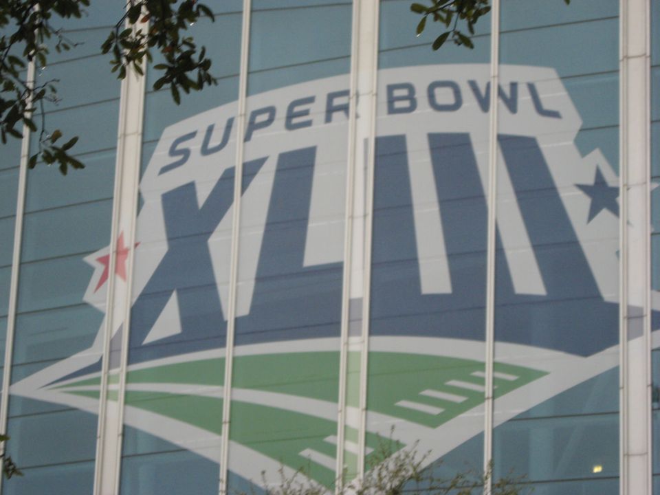 Super Bowl XLIV logo on building facade