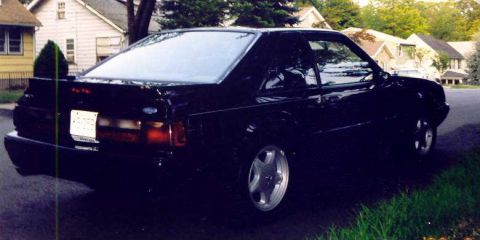 1988 Ford Mustang - A black 1988 Ford Mustang coupe is viewed from the rear, parked on a residential street.