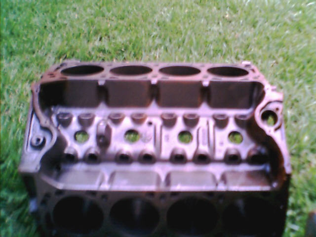 Bare V8 engine block on grass showing four open cylinder bores from the deck