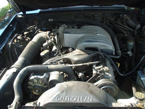 1988 Ford Mustang - The engine bay of a 1988 Ford Mustang LX 5.0 is visible, the 5.0 EFI engine and a caution fan shroud.