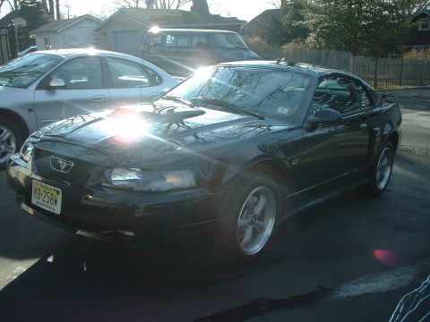 2002 Ford Mustang - A black Ford Mustang GT is parked in a driveway next to another car.