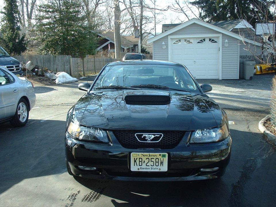 Black 2002 Ford Mustang front view with hood scoop and New Jersey plate KB-258W