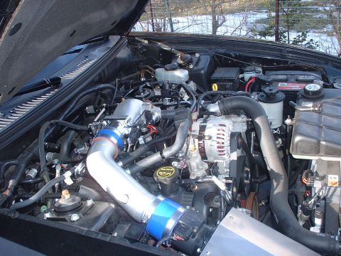 2002 Ford Mustang - Engine bay of a 2002 Ford Mustang shows a clean engine with aftermarket modifications and a visible battery.