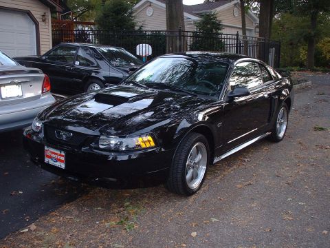 2002 Ford Mustang - A black 2002 Ford Mustang GT is parked in a driveway next to another vehicle.